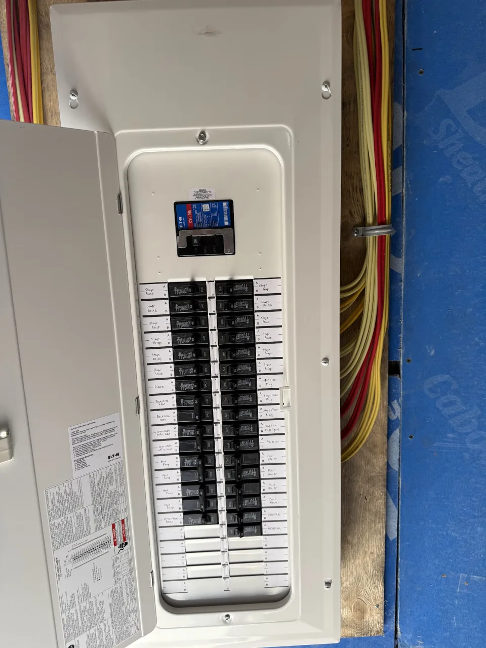 Labelled circuit breakers in a panel with its door open during construction.