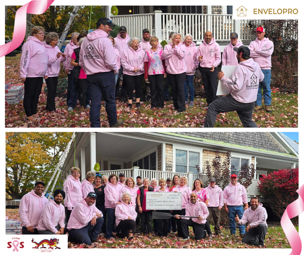 The Envelopro crew and the SOS Dragon Boat Team in pink hoodies, presenting a donation cheque